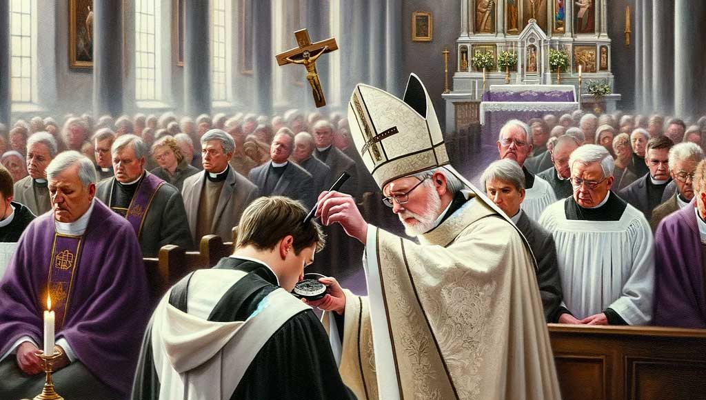 Hamvazószerda 2024, a pap keresztet rajzol a hívő homlokára